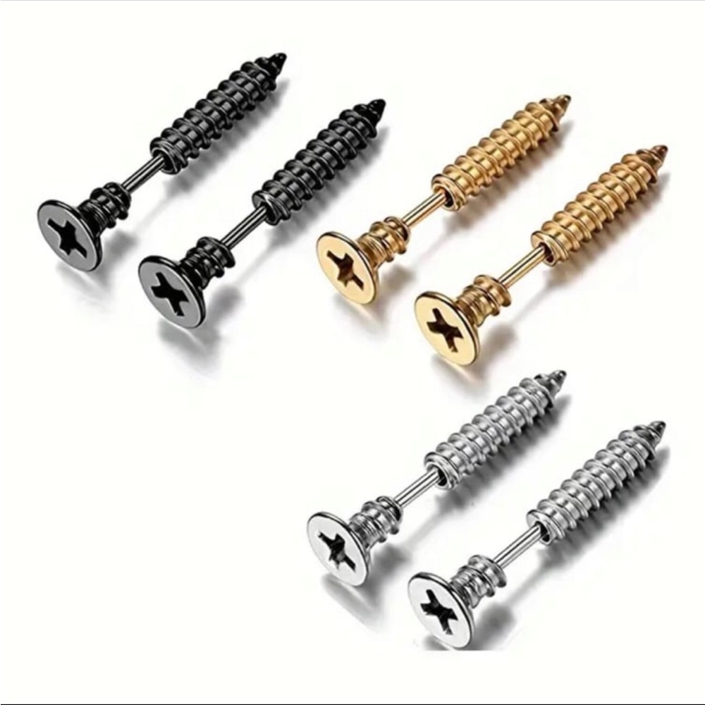 Black, Gold, and Silver Screw Stud Unisex Earrings, 3 Assorted Pairs